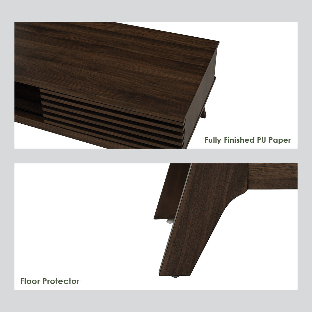 Close-up detail shots of a dark brown wooden furniture piece showing the tabletop edge with slatted detailing, a leg joint, and text labels reading 'Fully Finished PU Paper' and 'Floor Protector' on a white background.