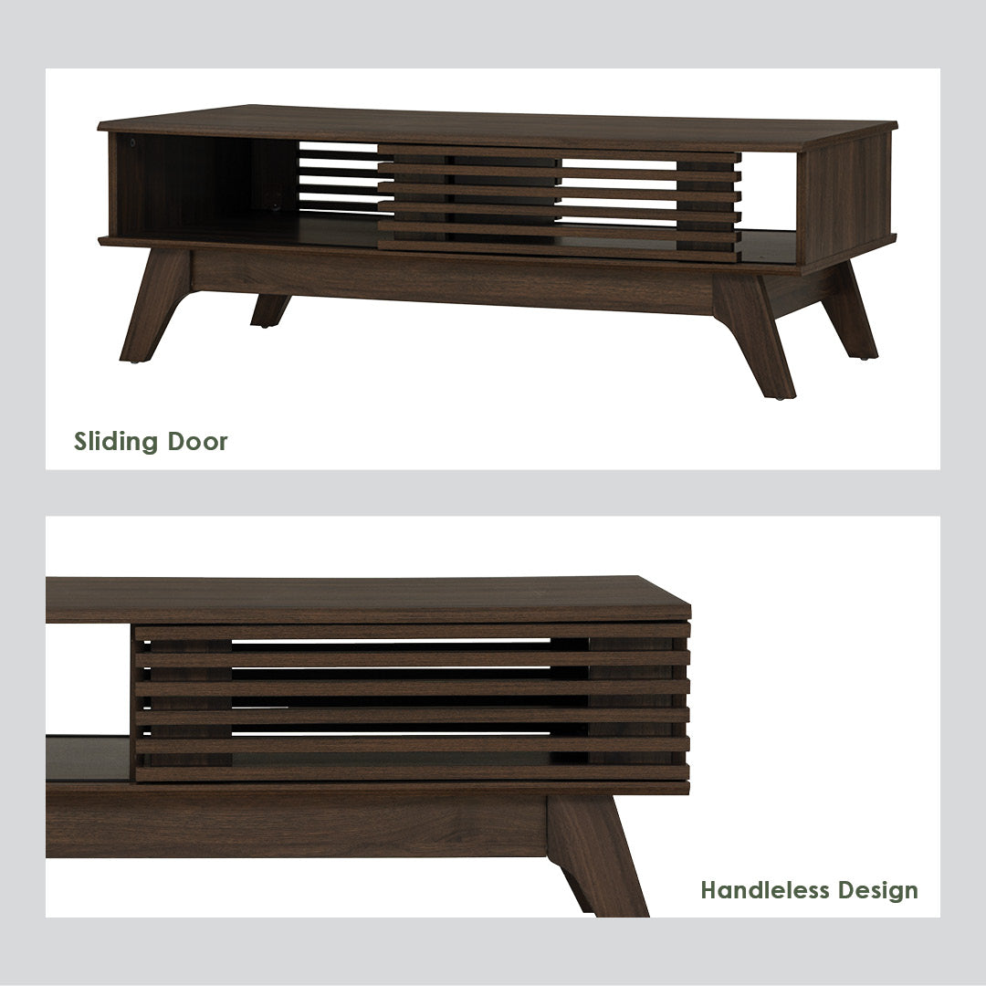 A dark brown wooden TV stand or coffee table shown in two detail views on a light gray background. The top view shows the front with a sliding door and text reading 'Sliding Door.