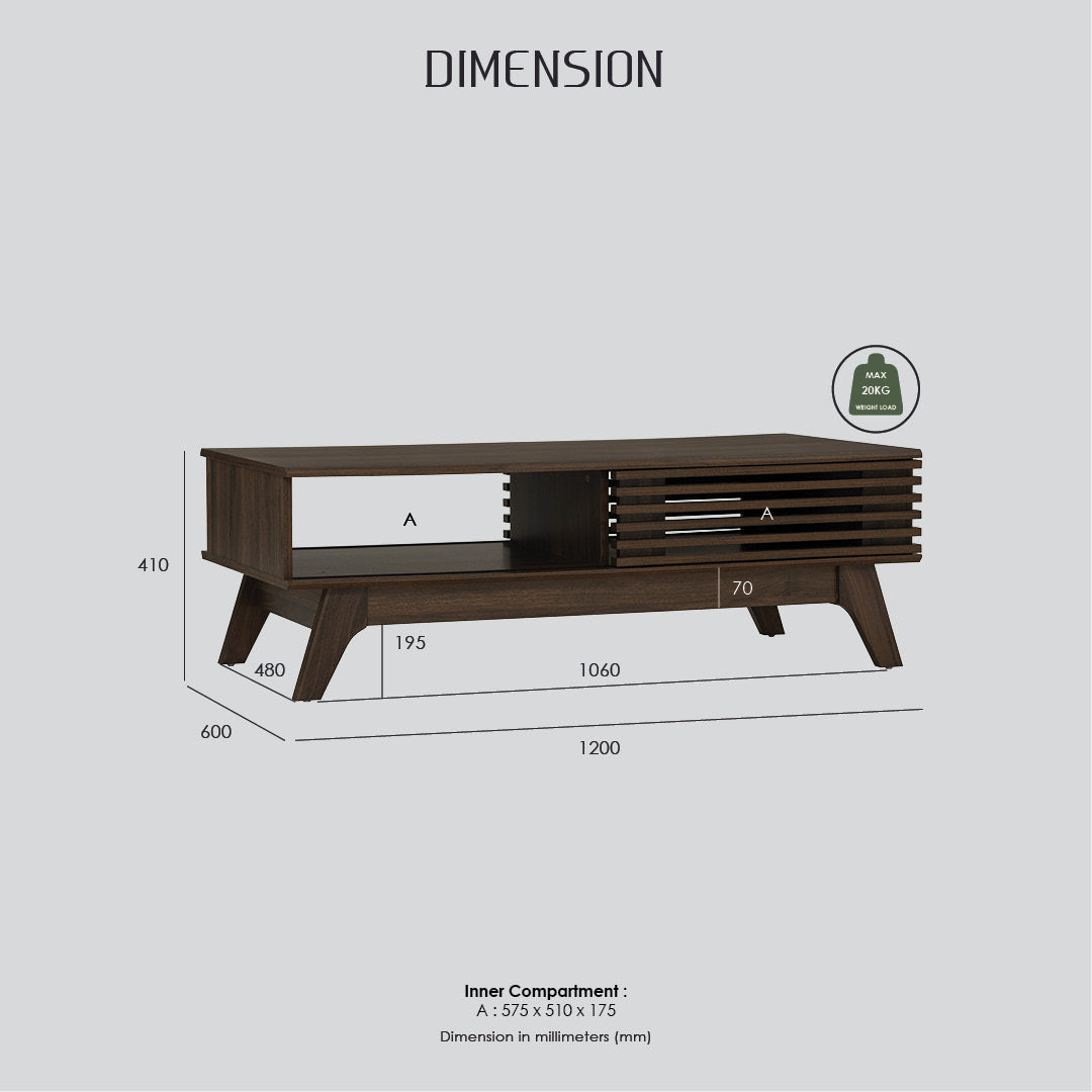 A dimension diagram of a dark brown wooden TV stand or console table on a light gray background, showing measurements for length, width, height, and inner compartment dimensions.