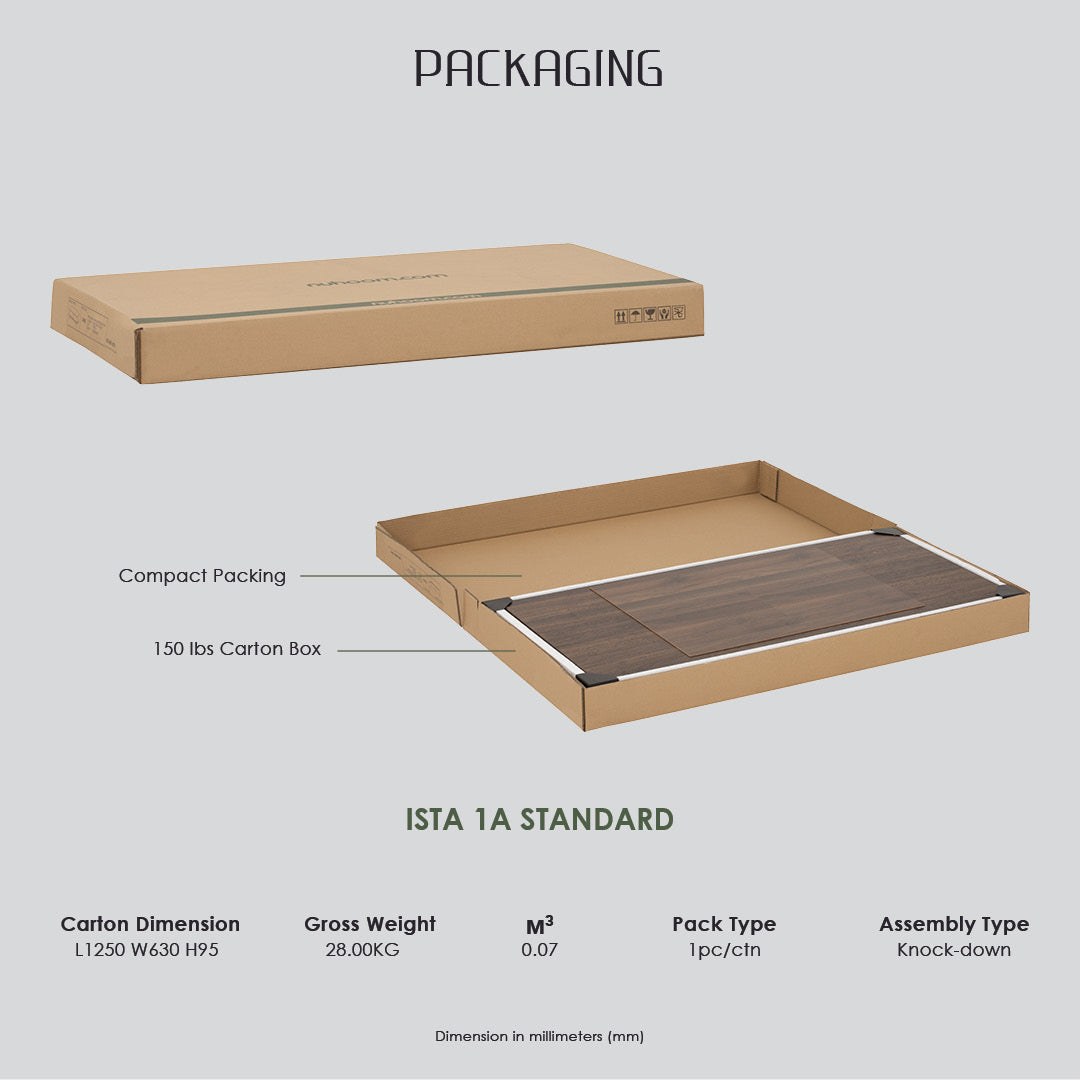 Packaging diagram showing a brown cardboard shipping box and its open tray-style carton packaging on a light gray background, with text labels and specifications for ISTA 1A standard carton dimensions and weight.
