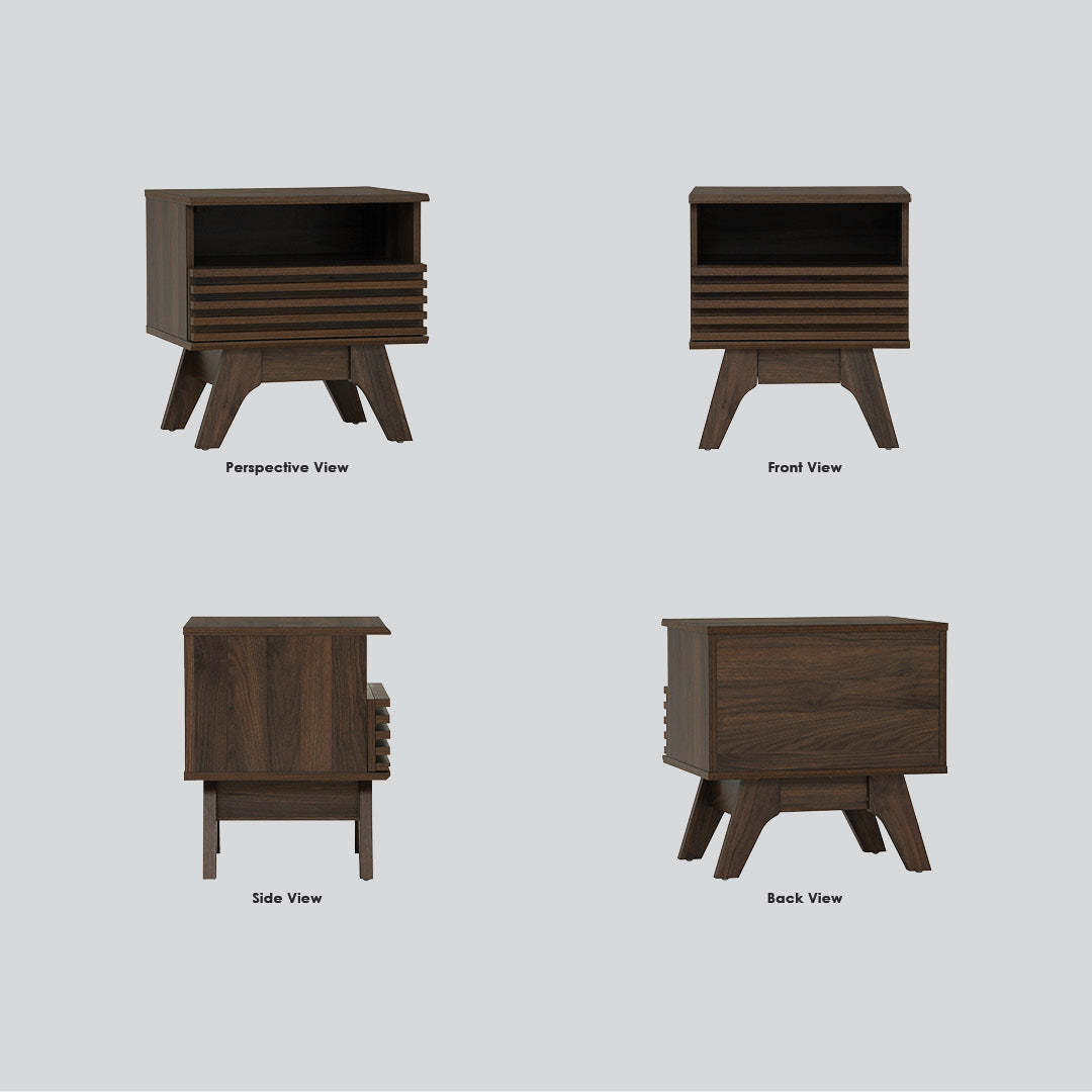A dark brown wooden nightstand shown from four angles: perspective, front, side, and back views, arranged in a 2x2 grid on a light gray background.