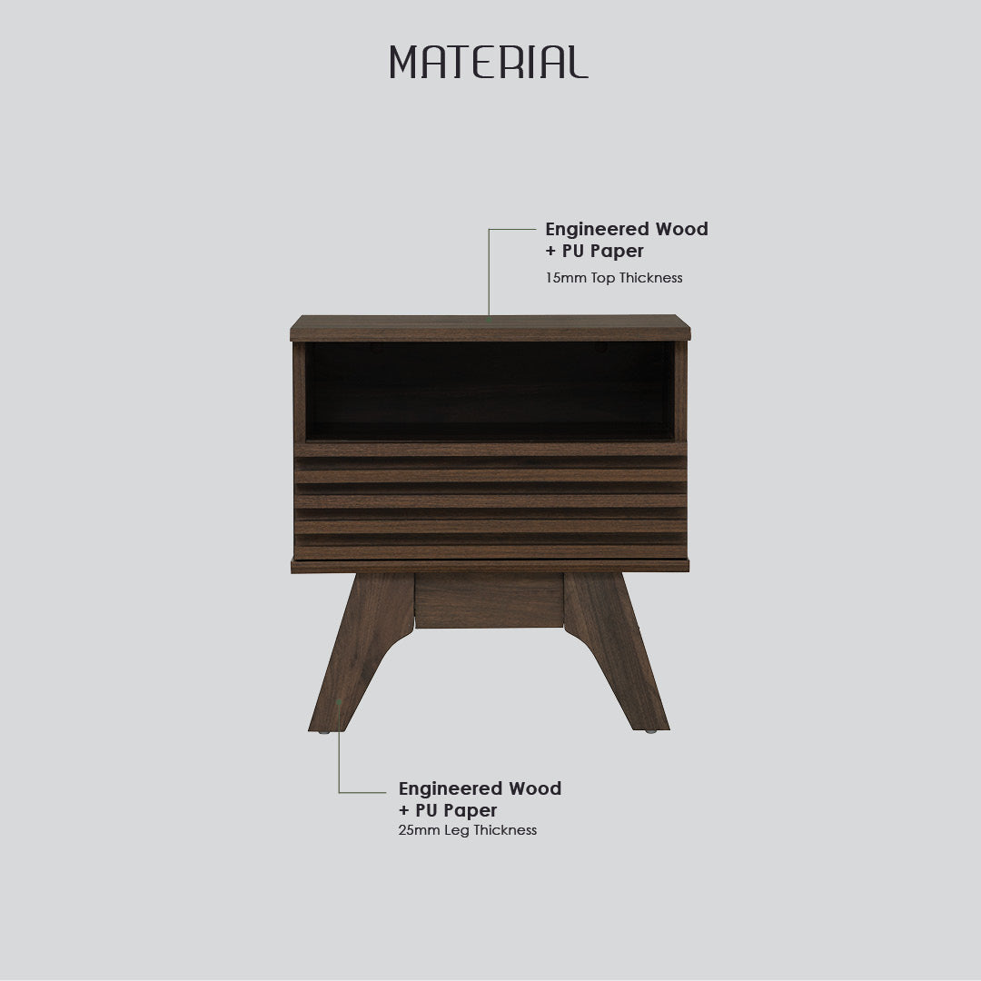 A dark brown wooden nightstand with an open top shelf and angled legs, shown on a light gray background with text labels detailing its engineered wood and PU paper materials.