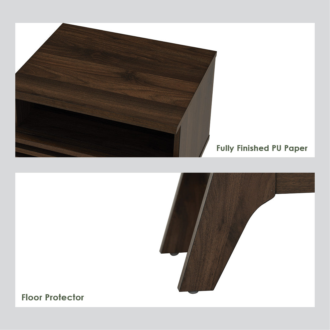 Two-panel product detail image showing a dark brown wood-look furniture finish and floor protector. The top panel shows a close-up of a finished PU paper surface with text reading 'Fully Finished PU Paper.
