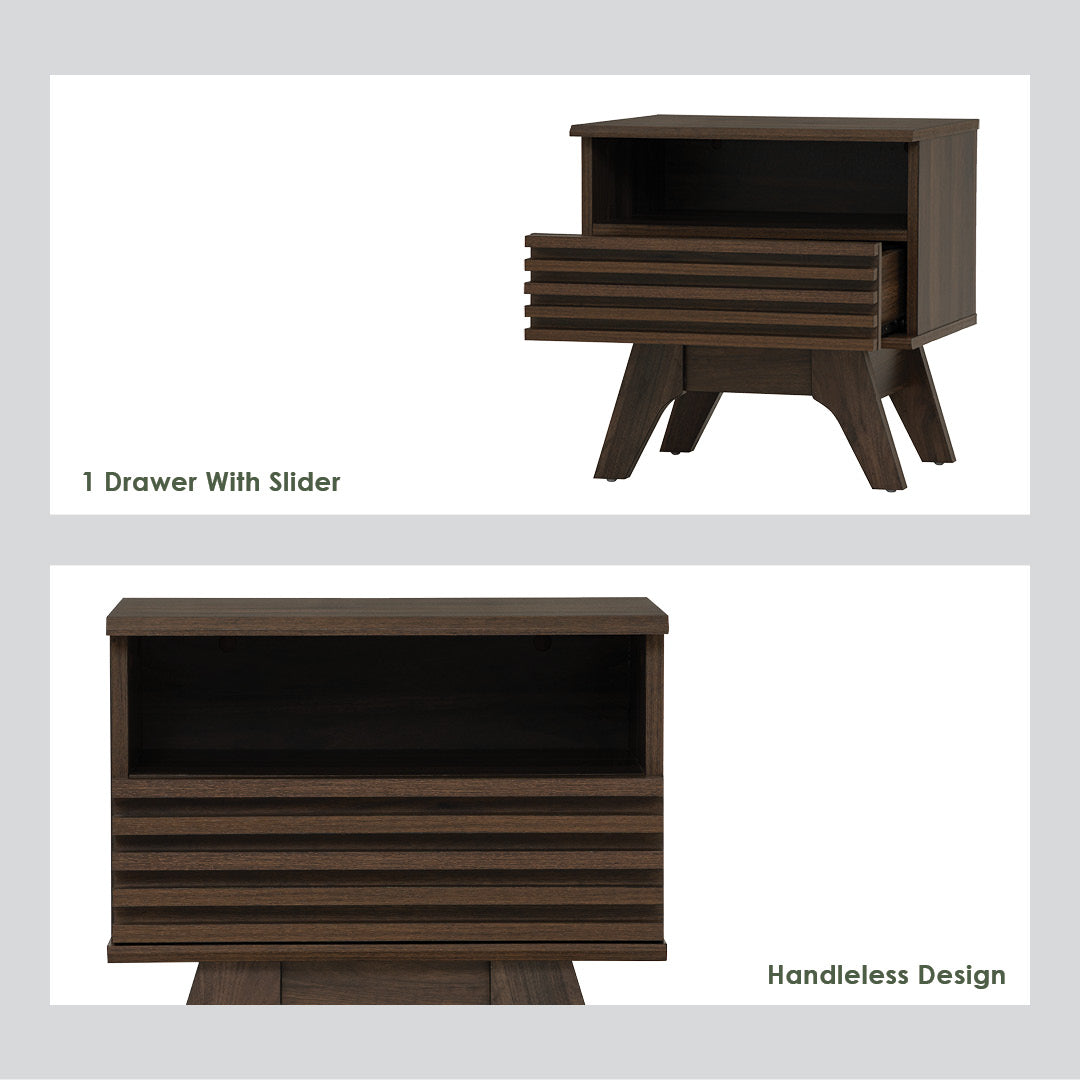 A dark brown wooden storage cabinet shown in two views on a light gray background. The top view shows the cabinet with one drawer pulled out, labeled '1 Drawer With Slider.
