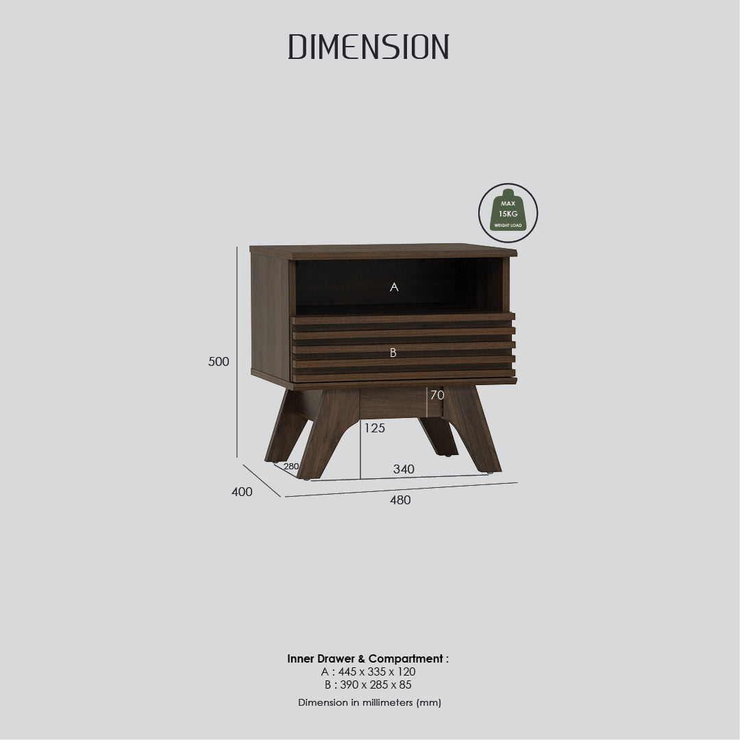 A dimension diagram of a dark brown wooden nightstand with a single open upper compartment and three drawers. The image shows labeled measurements for height, width, and depth, along with a small circular green badge and text specifying inner drawer dimensions, all on a light gray background.