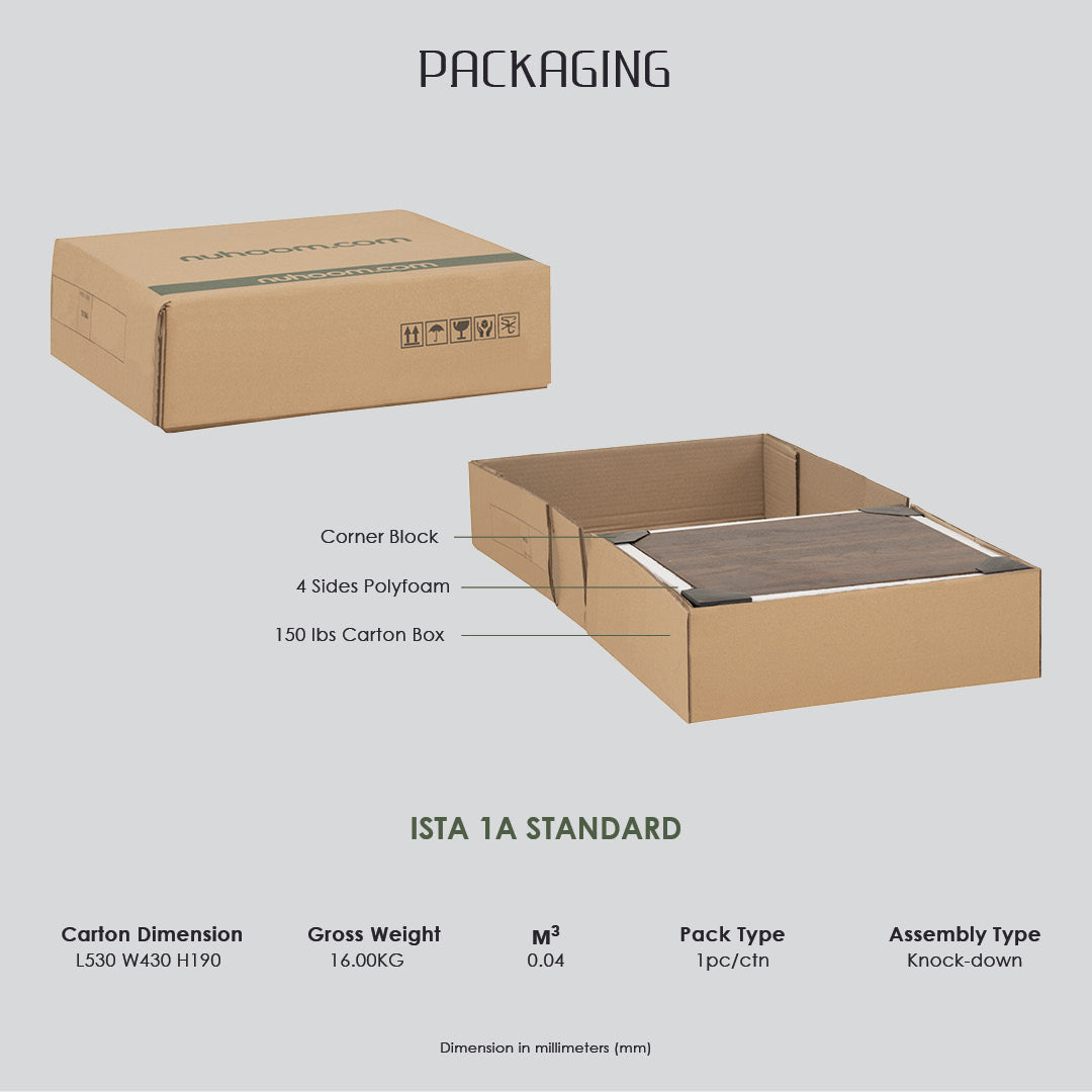 Cardboard box with technical details labeled on a gray background