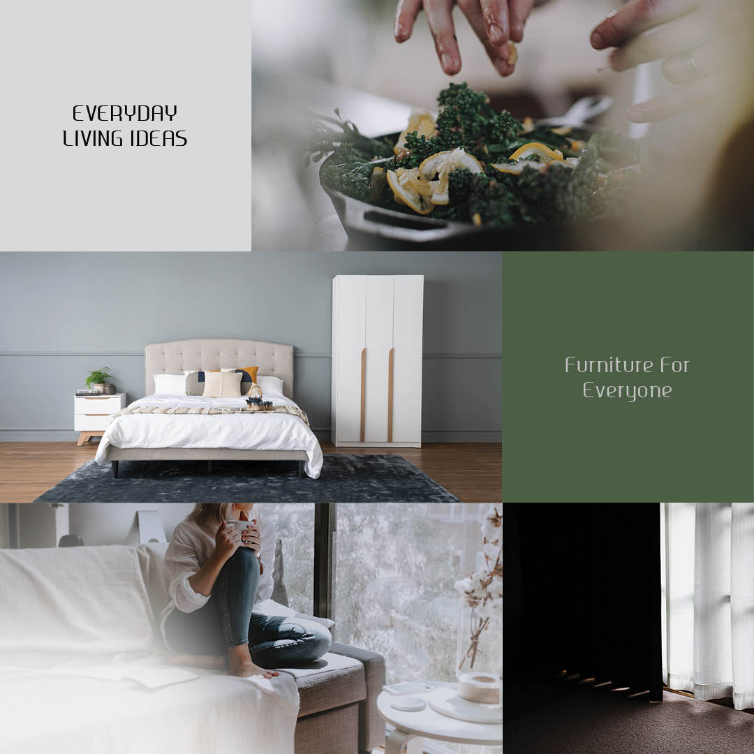 A six-panel collage promoting home furniture and interior living. The panels show a bed with white bedding in a modern bedroom, a person sitting on a sofa holding a mug in a living space, a close-up of hands eating kale, a dark rug on a wooden floor, and a dark curtain panel.