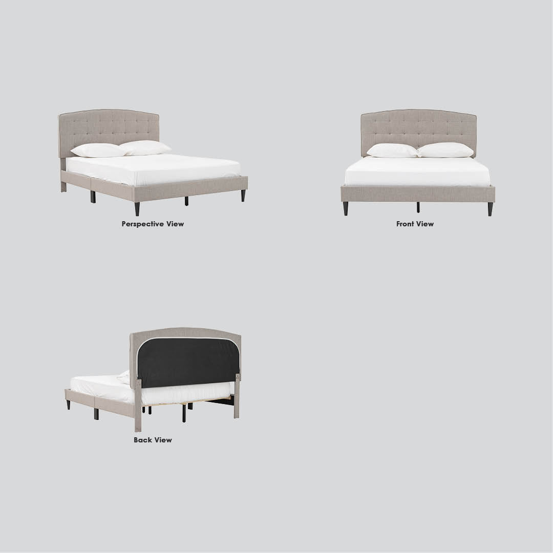 Three views of a bed frame on a light gray background: Perspective View, Front View, and Back View. The bed has a light beige upholstered frame with a tufted headboard and dark legs, shown with white bedding.