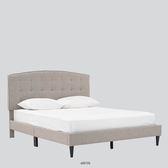 LEKU King Bed with a tufted beige fabric headboard and matching upholstered base, shown on a light gray background with white bedding and pillows. Product text and code details appear above and below the bed.
