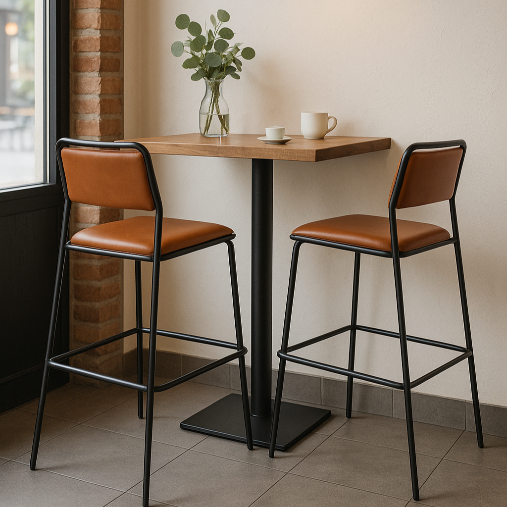 Two brown bar stools at a wooden table with a vase of flowers and a cup in a cozy indoor setting.