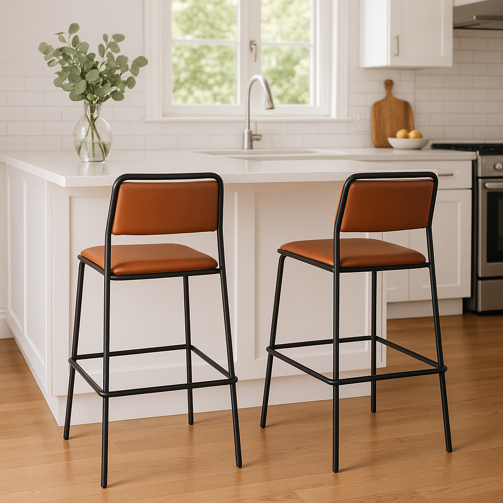 Two brown bar stools with black metal frames in a kitchen setting.