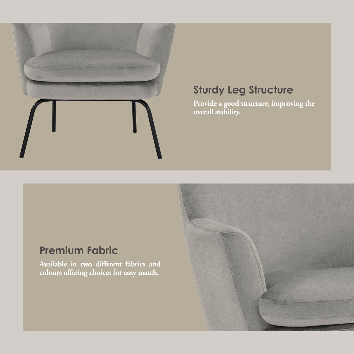 A promotional graphic for a light gray upholstered armchair, showing two panels with text callouts: 'Sturdy Leg Structure' and 'Premium Fabric.' The top panel shows the chair from the front with black metal legs, and the bottom panel shows a close-up of the chair's arm and seat in the same fabric.