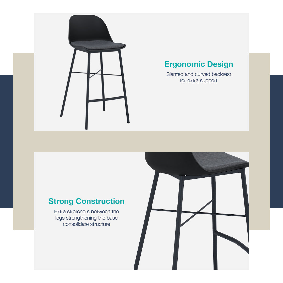 Black bar stool with ergonomic design and strong construction features on a white background.