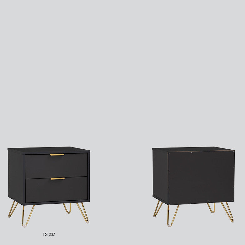 VOLOS side table shown in two views on a light gray background: one front view with two drawers and gold metal legs, and one side view. Text above reads 'VOLOS Side Table' and a black information bar at the bottom includes coding, colour key, and description.