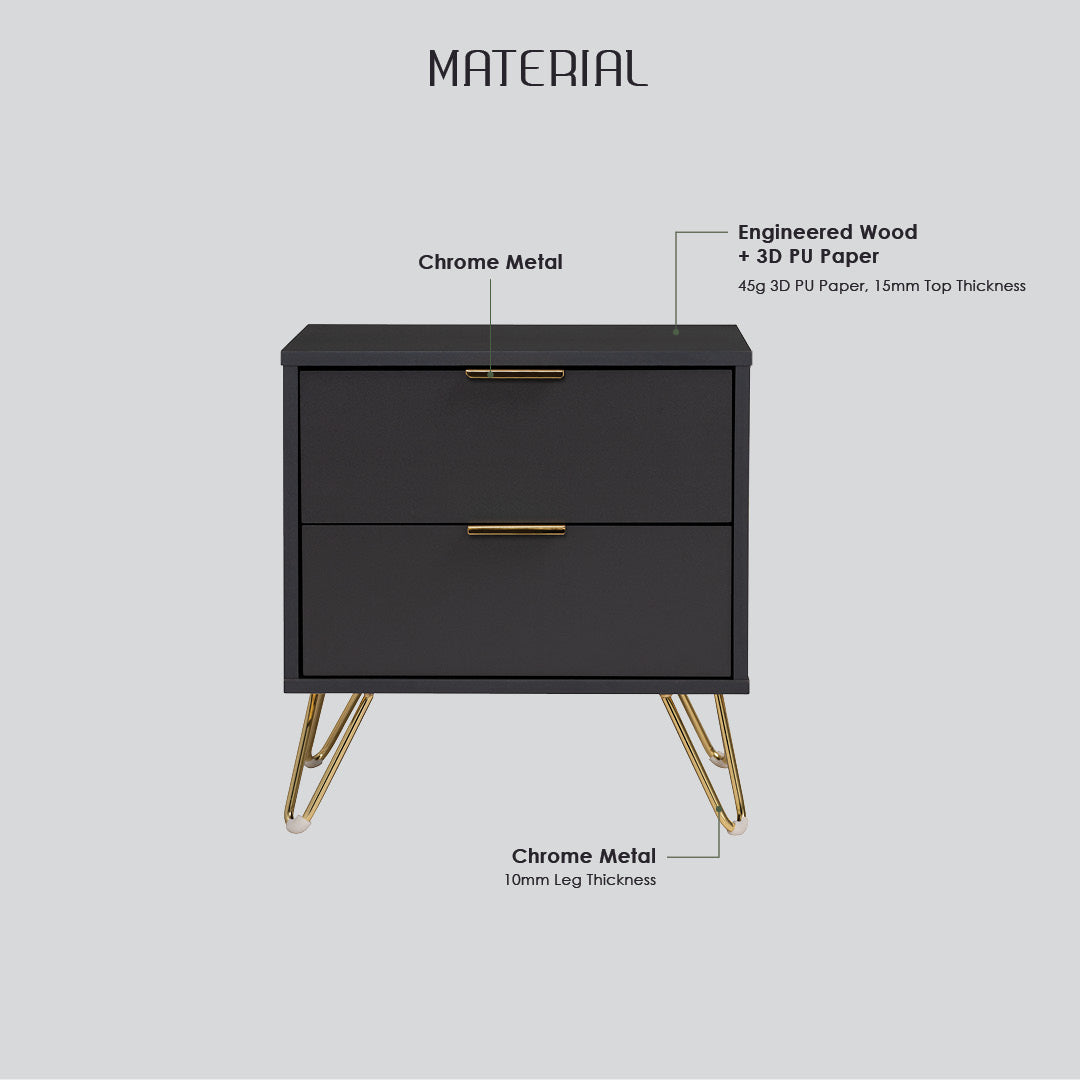 Black nightstand with gold legs and handles on a light gray background, showing material components.