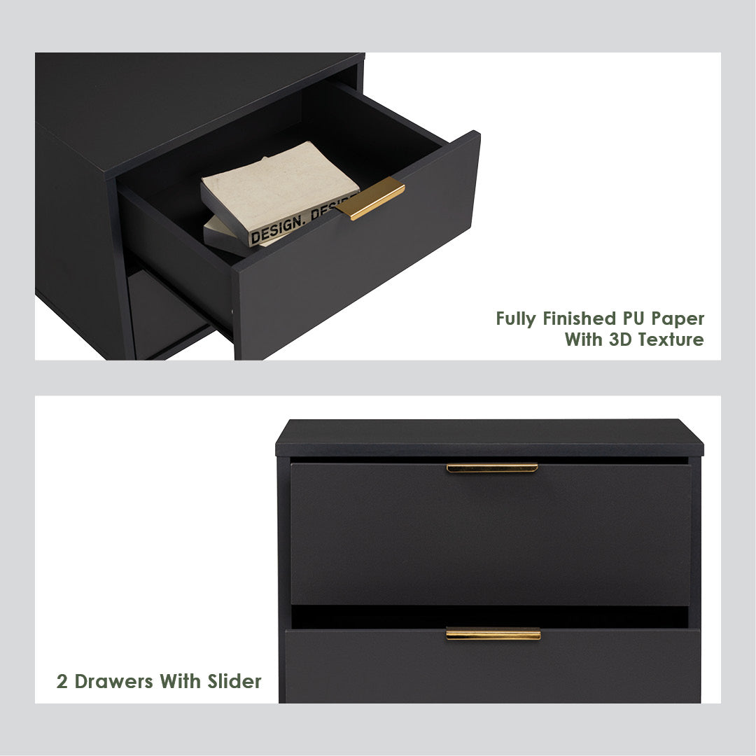 Black drawer unit with two drawers and gold handles on a light gray background.