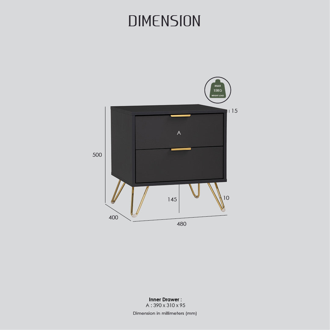 A dimension diagram of a black two-drawer nightstand with gold metal legs and handles, showing measurements in millimeters on a light gray background.