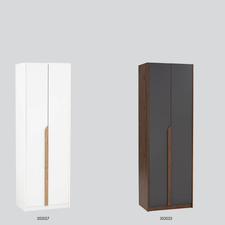 A catalog-style product graphic showing three wardrobe doors labeled MANDO 2 Door Wardrobe, with a table of codes, colour keys, and descriptions below. The wardrobes are shown in white with an oak handle, walnut with black handle, and walnut with oak handle, on a light gray background.