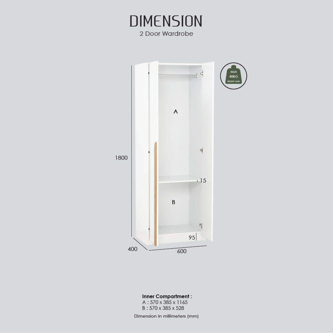 A dimension diagram of a white 2-door wardrobe with an open door, showing measurements in millimeters: 1800 height, 400 width, and 600 depth, with labels A and B for the inner compartments. The text 'DIMENSION 2 Door Wardrobe' appears at the top, and inner compartment details are listed at the bottom on a light gray background.