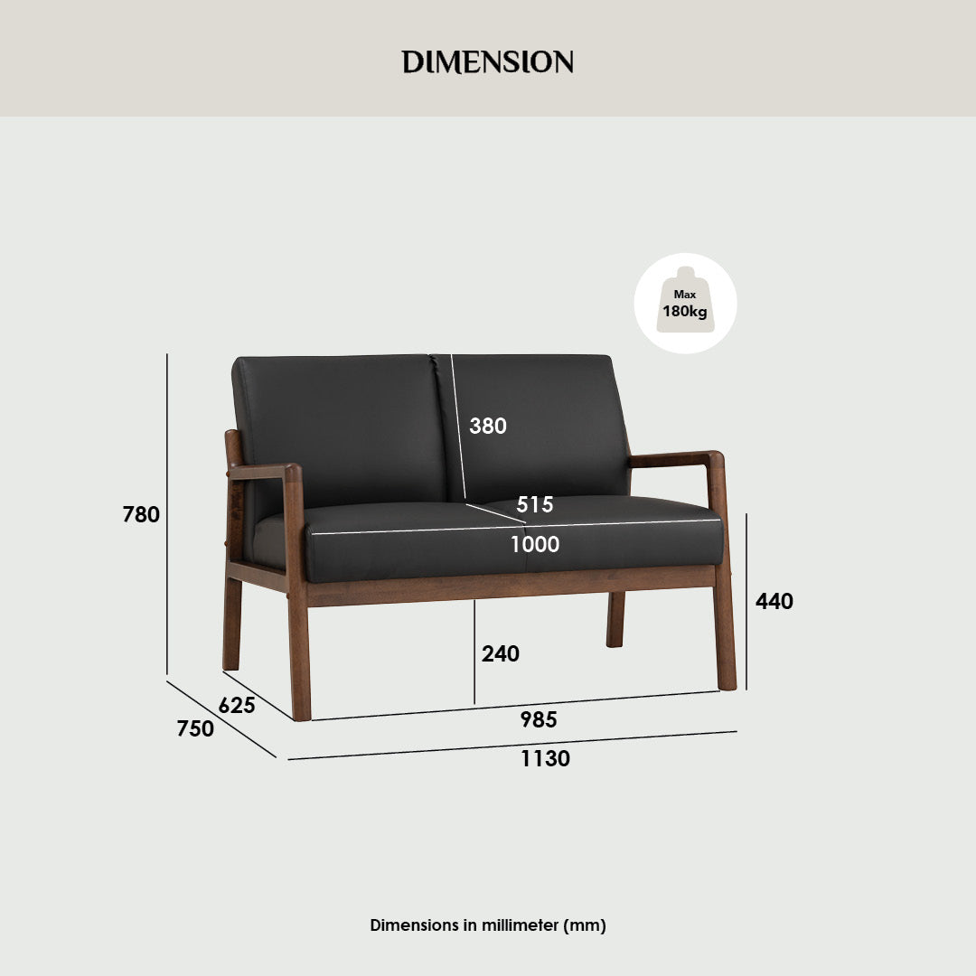 A dimension diagram of a two-seat sofa with black cushions and a medium brown wooden frame, showing measurements in millimeters on a light gray background.