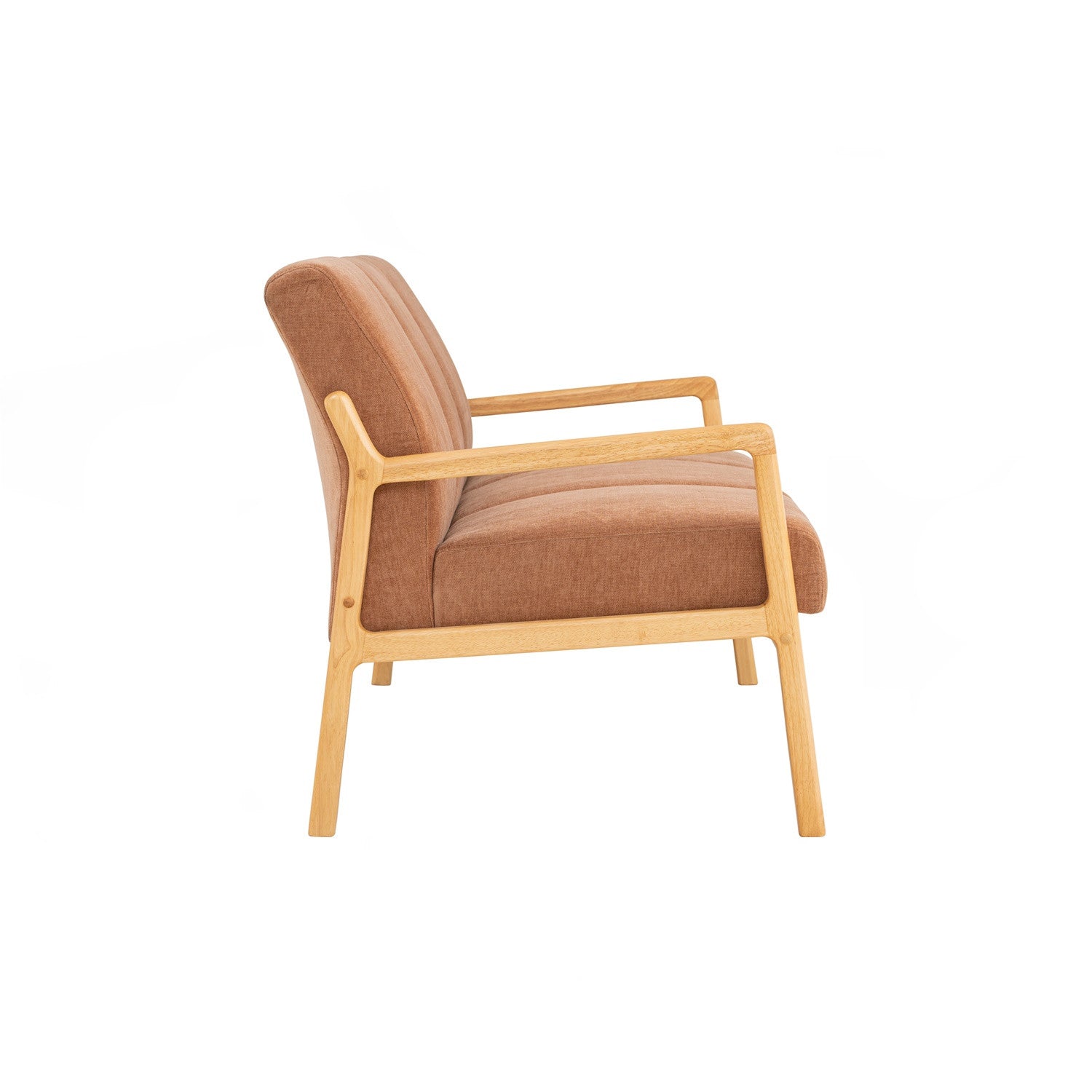 A mid-century modern accent chair with a warm brown textured fabric upholstery and a light natural wood frame, shown from a side profile view against a solid white background.