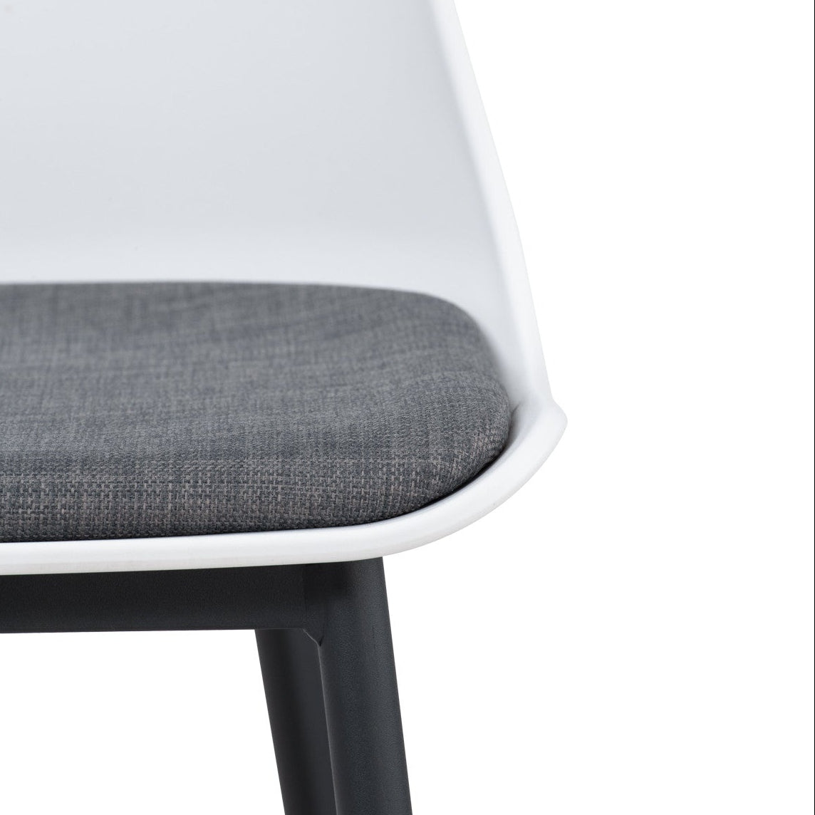 Chair with gray cushioned seat and white frame on a white background