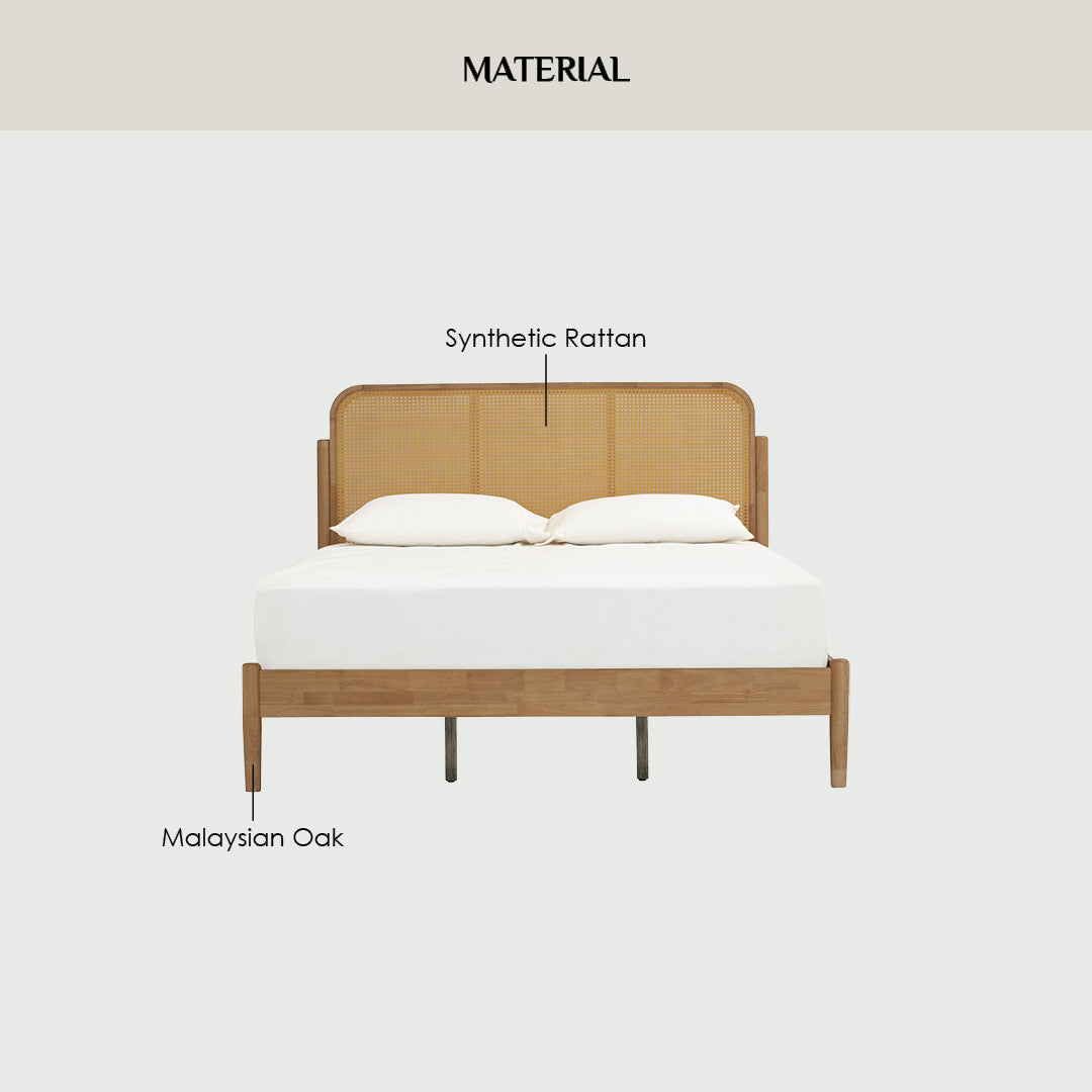 A bed frame labeled with material callouts: 'Malaysian Oak' for the wood frame and 'Synthetic Rattan' for the woven headboard panel, shown on a light gray background with a beige header.