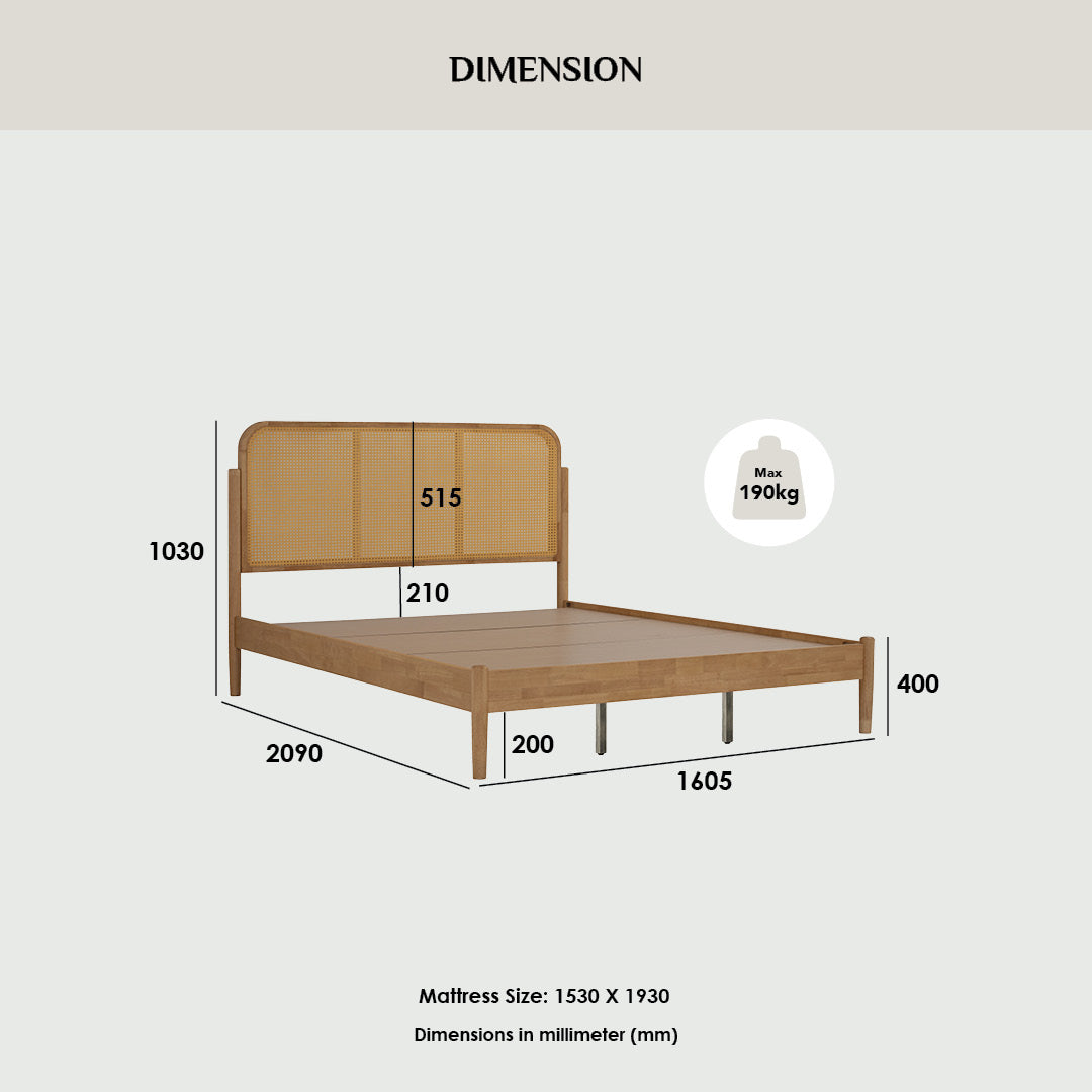 Bed frame dimension diagram showing a wooden bed frame with labeled measurements including headboard height 1030, footboard width 2090, bed width 1605, leg height 400, mattress size 1530 x 1930, and a max weight of 190kg.
