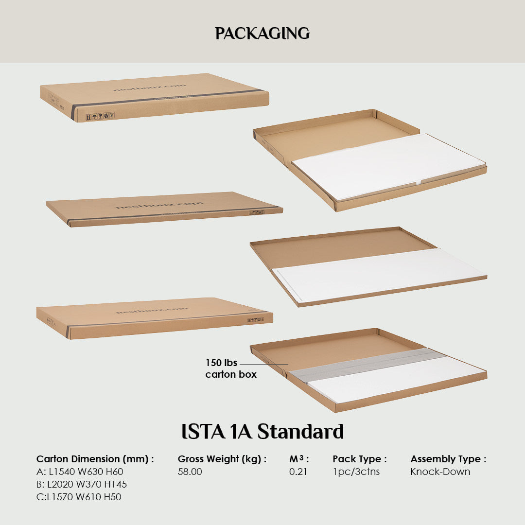Packaging diagram showing multiple views of a brown cardboard box, including closed exterior views, an open box with white insert sheets, and a larger 150 lbs carton. Text below lists ISTA 1A Standard carton dimensions, gross weight, M3, pack type, and assembly type.