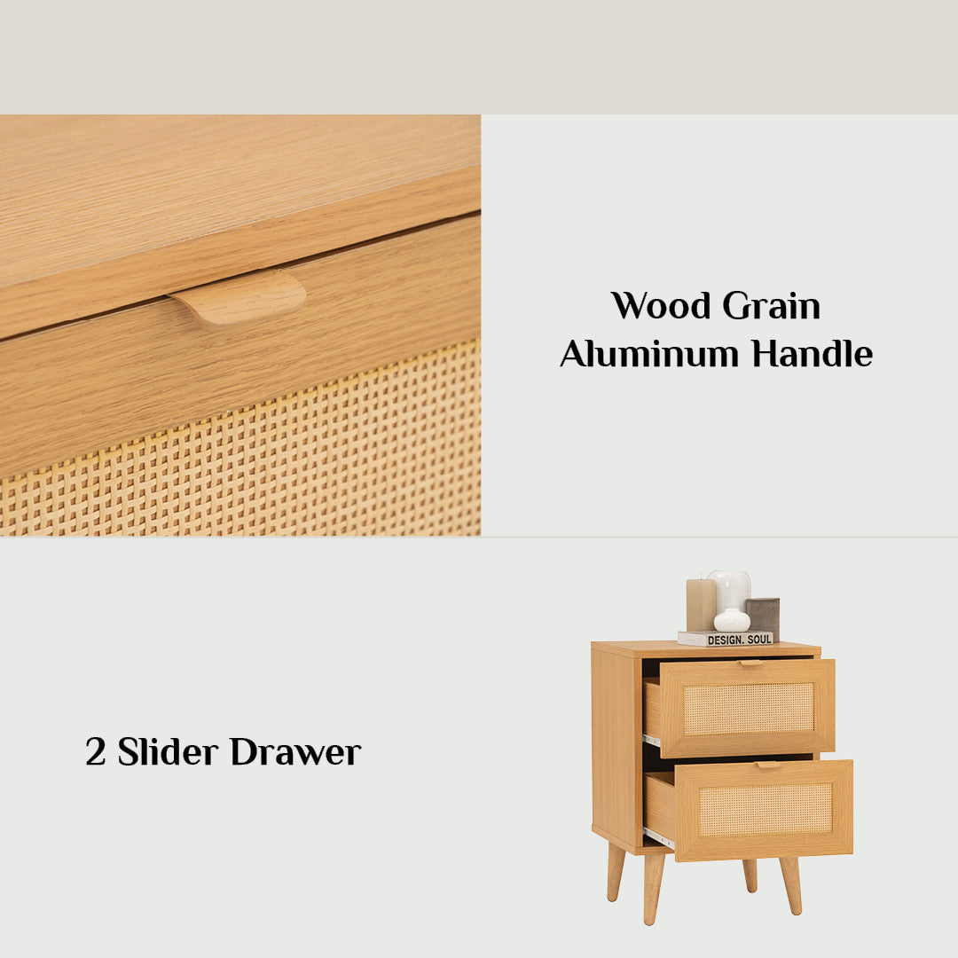 A composite product detail image showing a light wood and woven cane sideboard drawer. Text reads 'Wood Grain Aluminum Handle' and '2 Slider Drawer,' with a close-up of the drawer front and pull handle on the top left and a full product view on the bottom right.