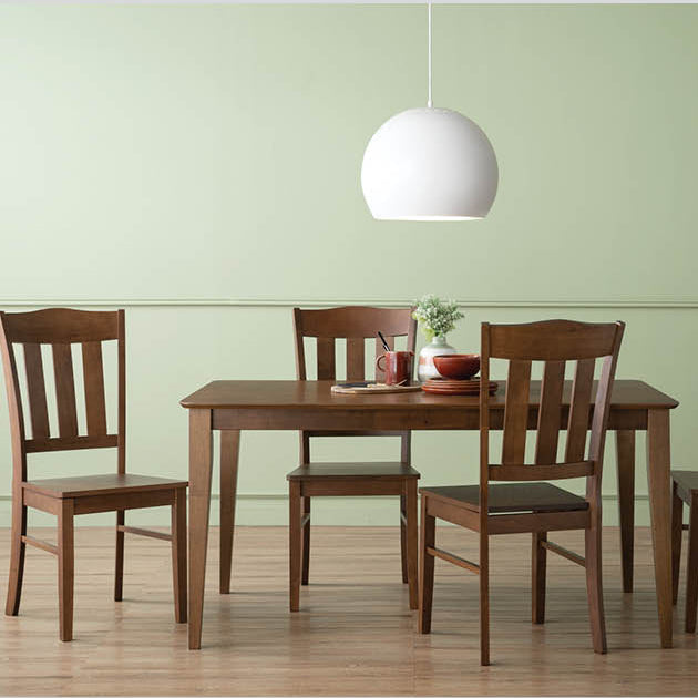 A 5-piece wooden dining table set including a rectangular table and four matching slatted chairs, shown in a dining room setting with a light green wall, wood floor, and a white pendant light. Text at the bottom reads 'ALLEGRO Dining Table'.