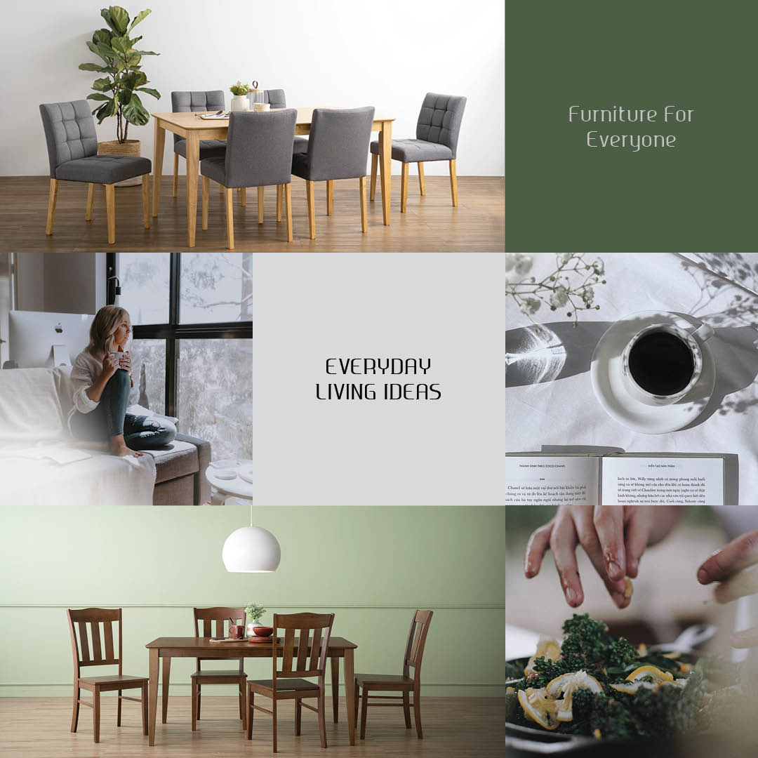 A six-panel collage promoting a dining room furniture set. The top-left panel shows a wooden dining table with six gray upholstered chairs.