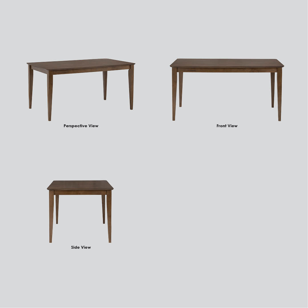 A dark brown wooden dining table shown from three angles: perspective view, front view, and side view, on a light gray background with labels underneath each view.