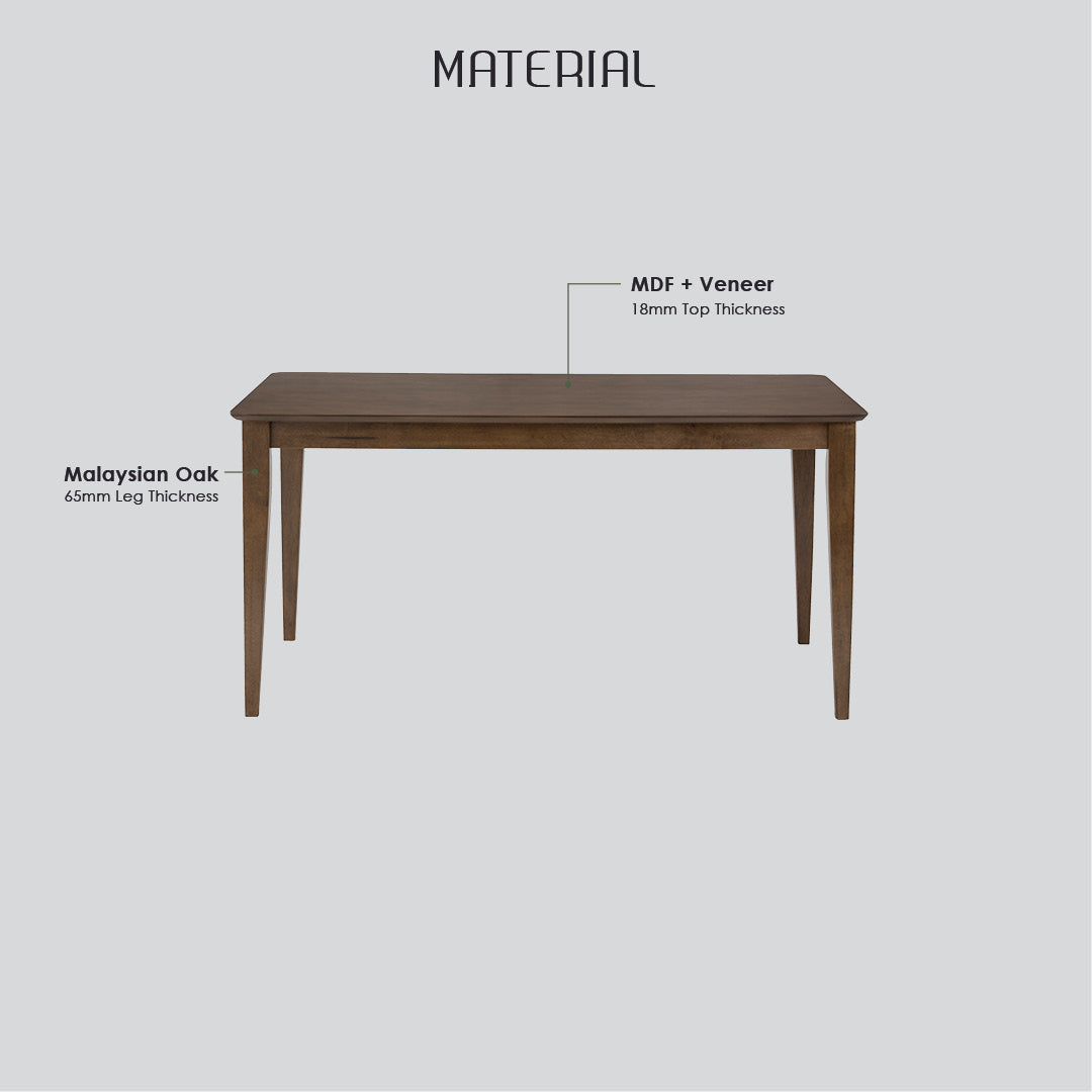 Wooden table with material specifications on a gray background