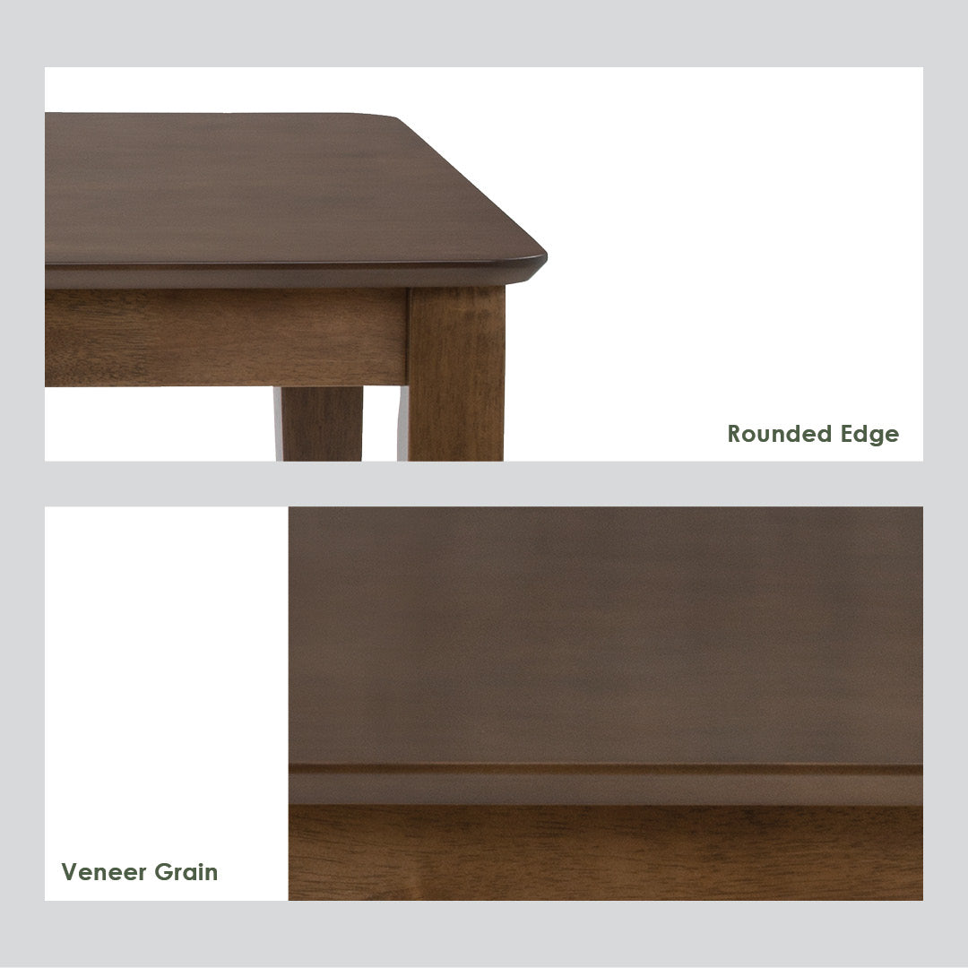 A product detail graphic showing two close-up views of a wooden table corner: the top view highlights a rounded edge, and the bottom view highlights the veneer grain. The table is shown in a medium-to-dark brown finish against a white background, framed by a light gray border with labels reading 'Rounded Edge' and 'Veneer Grain'.