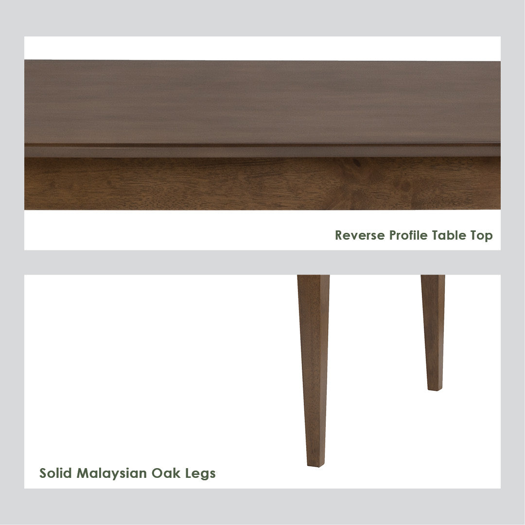 Close-up product detail of a table showing the reverse profile of a dark brown wood tabletop and matching tapered wooden legs, labeled 'Reverse Profile Table Top' and 'Solid Malaysian Oak Legs' on a white background.
