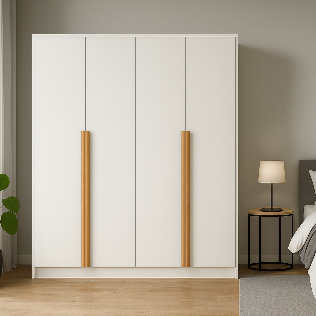 Modern bedroom with a white wardrobe, bed, and lamp.