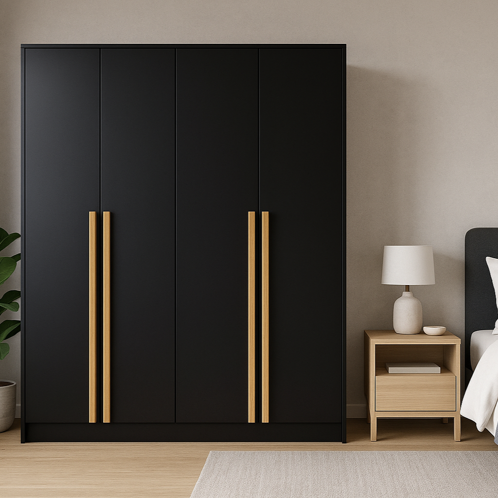 Black wardrobe with wooden handles in a bedroom setting.