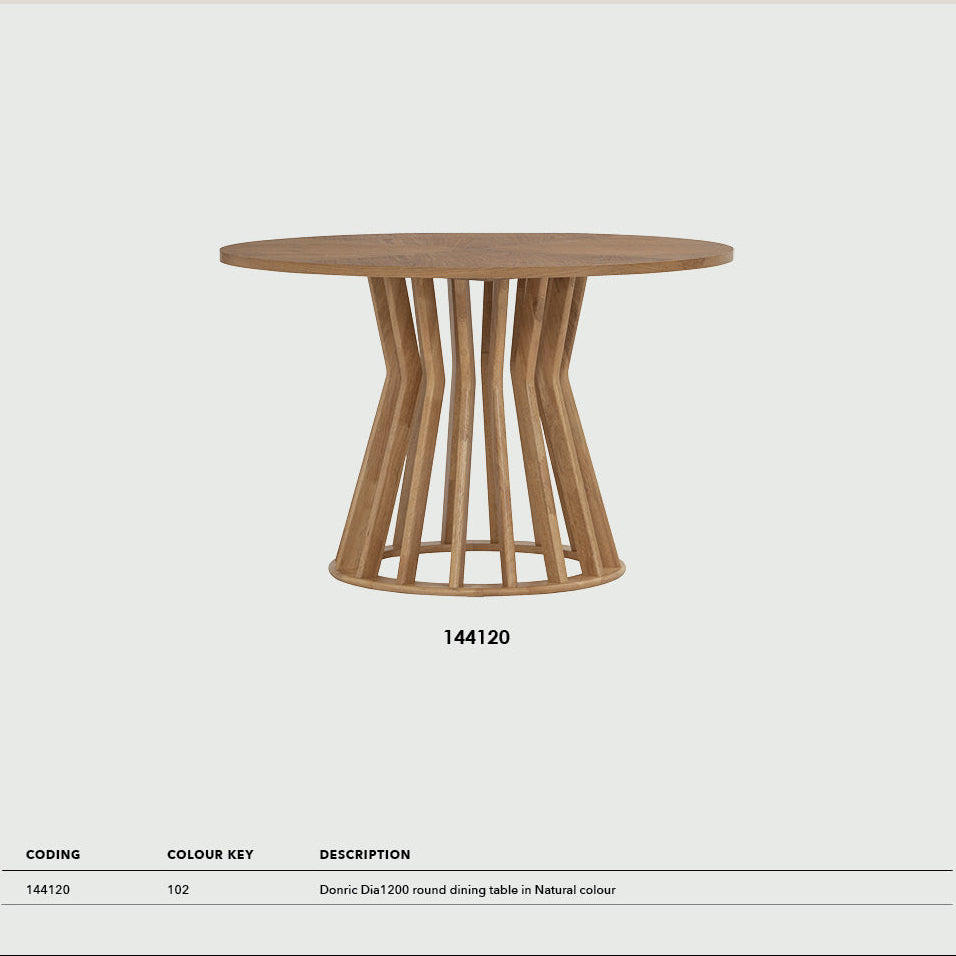Round wooden dining table with a minimalist design on a light gray background, featuring the brand 'DONRIC'.