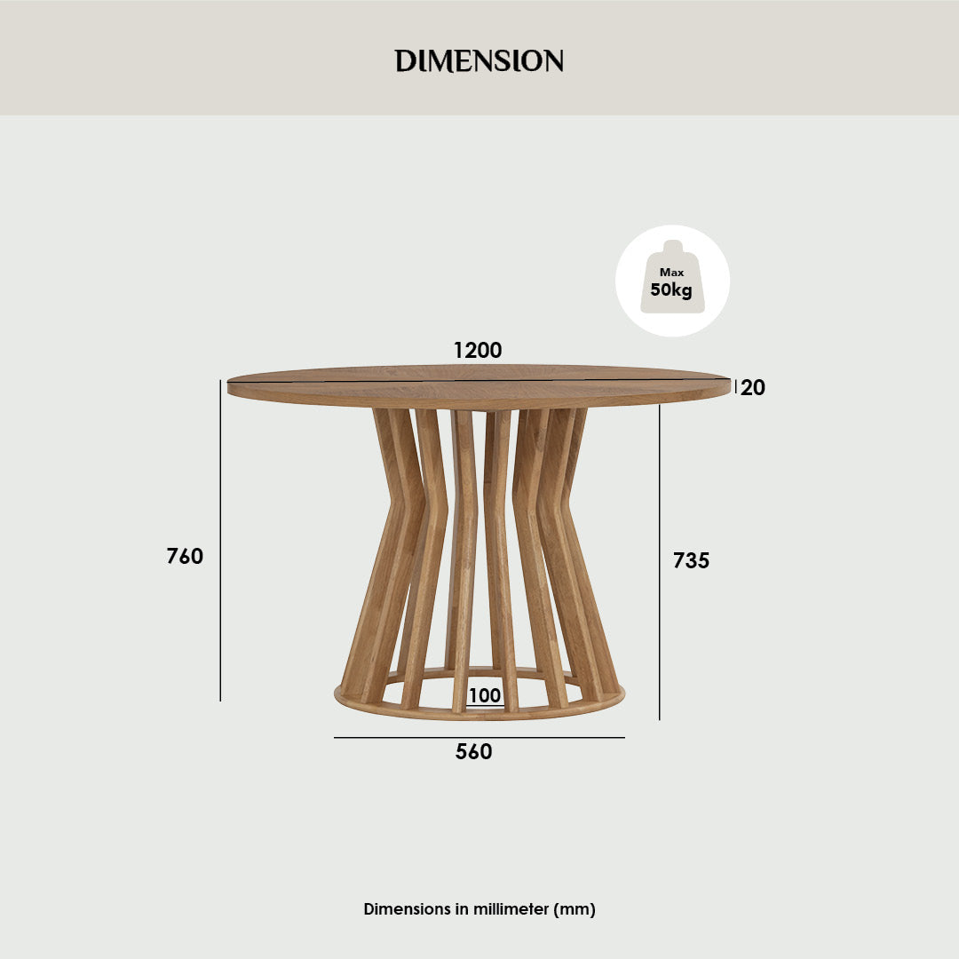 Wooden table with dimensions labeled on a white background