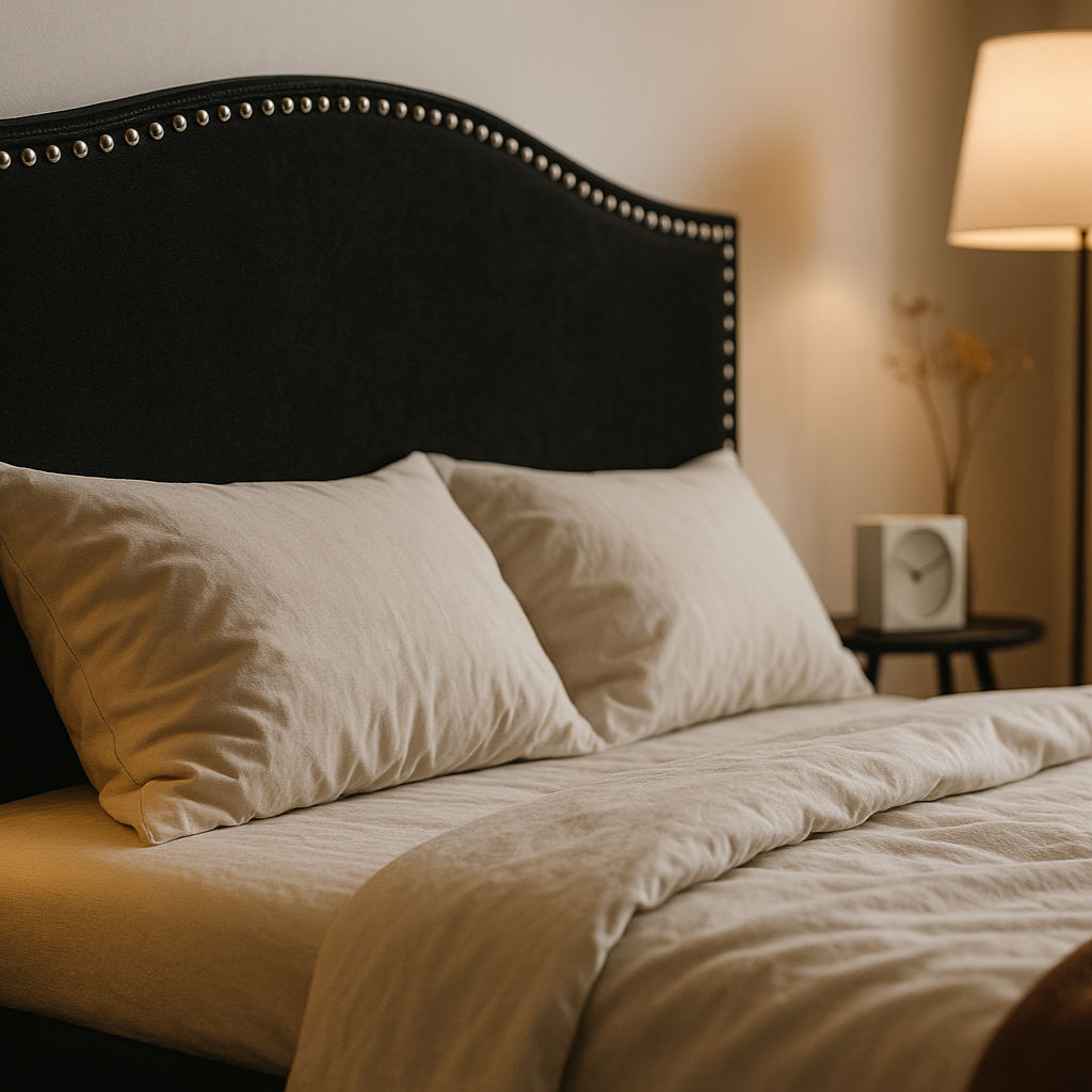 Bedroom with a bed featuring white pillows and a black headboard, illuminated by a lamp.
