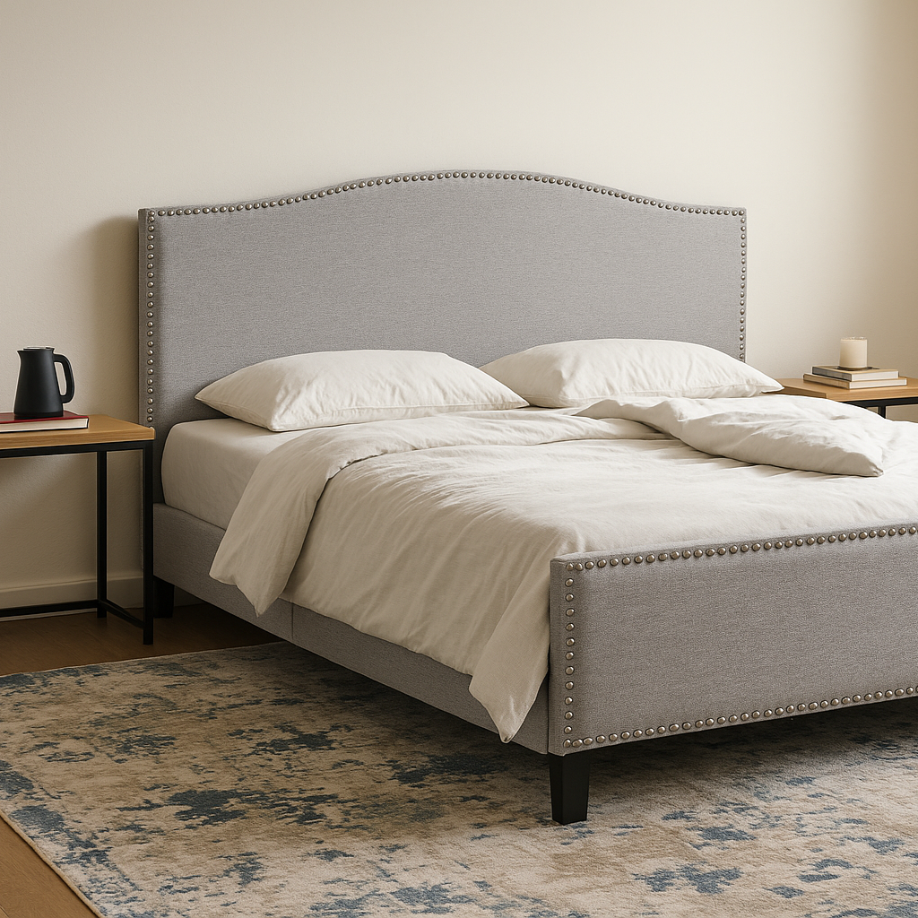 Gray upholstered bed with white bedding in a bedroom setting