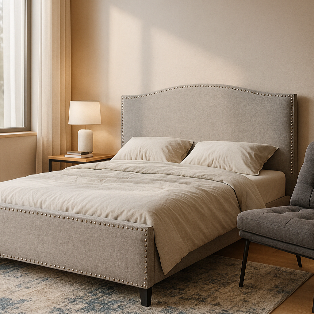 Neatly made bed in a bedroom with a lamp and chair.