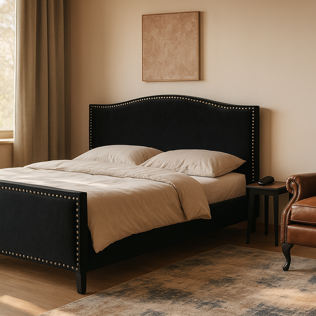 Neatly made bed with a brown leather armchair in a room with a rug and wall art.