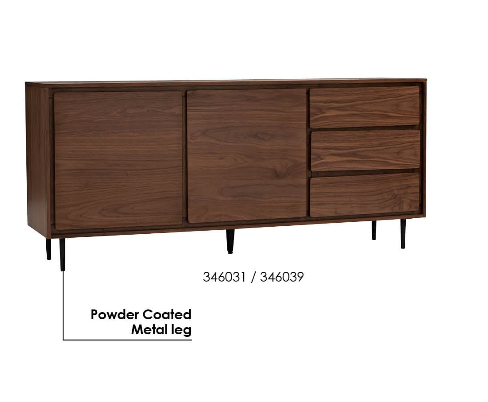 A mid-century modern sideboard with a dark walnut wood grain finish, featuring a left cabinet door, two center doors, three drawers on the right, and tapered metal legs. Text overlays indicate 'Powder Coated Metal leg' and product numbers '346031 / 346039'.