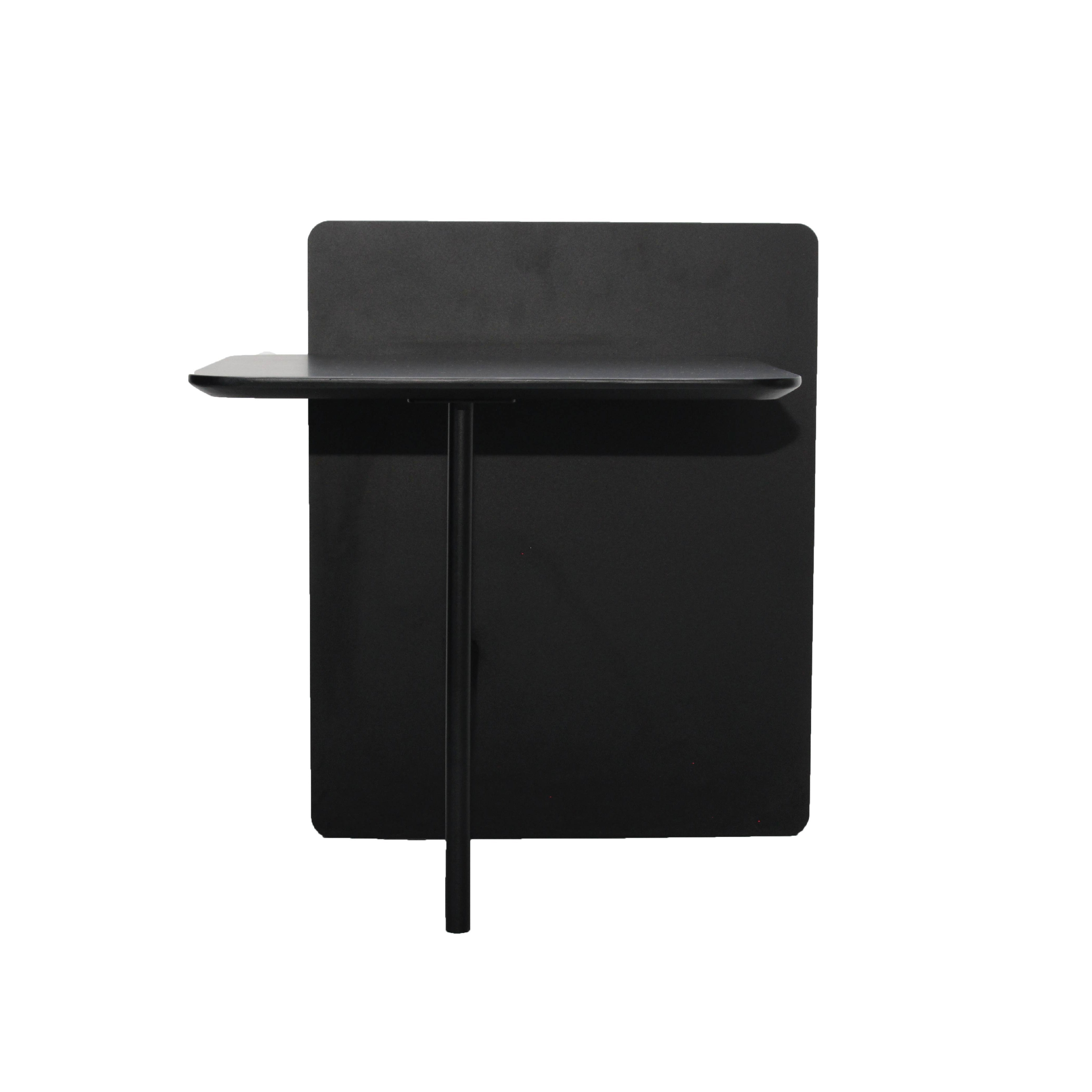 A black side table with a flat, rectangular tabletop and a simple, sturdy metal frame, designed to be placed next to a sofa or bed.