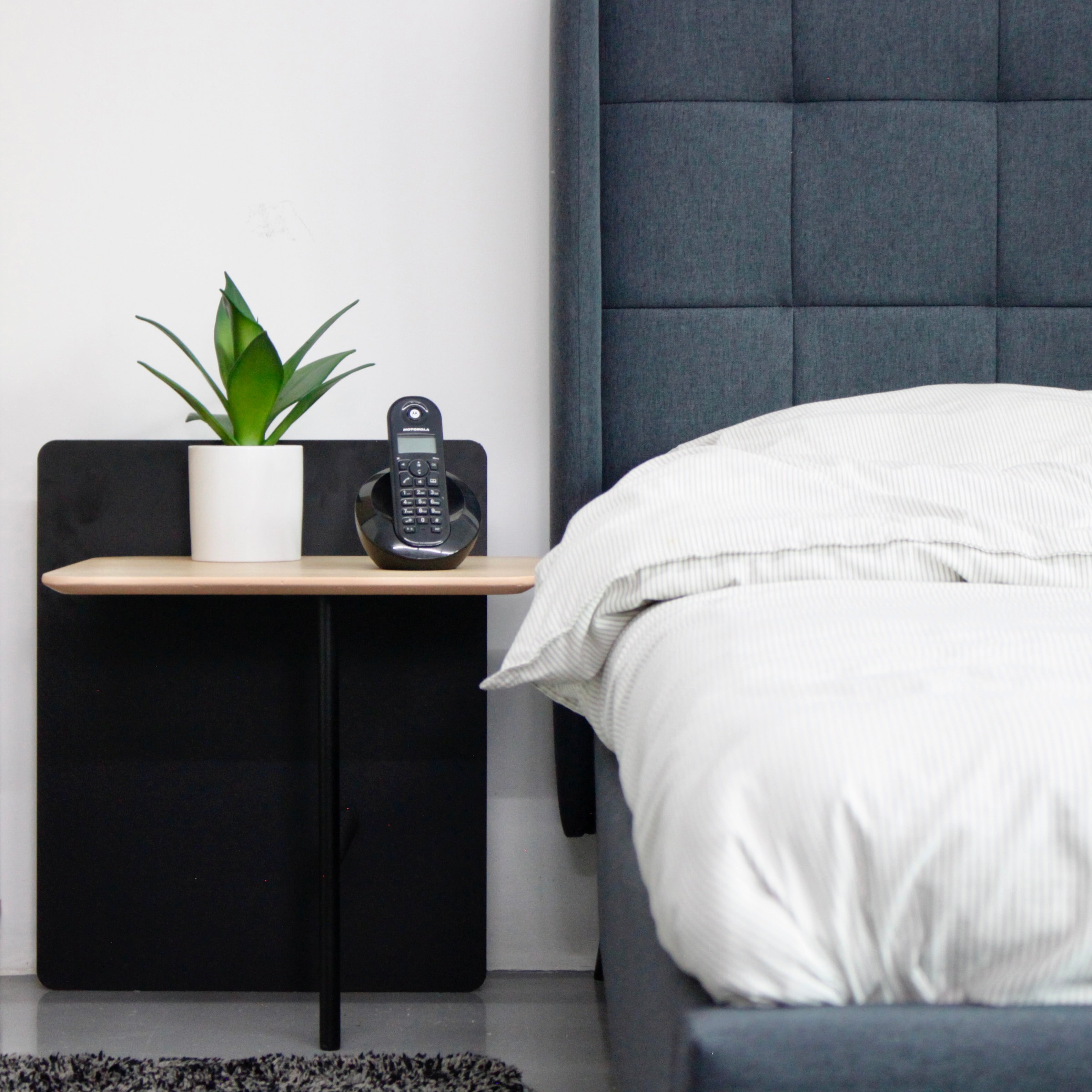 Bedroom with a bed, nightstand, and plant