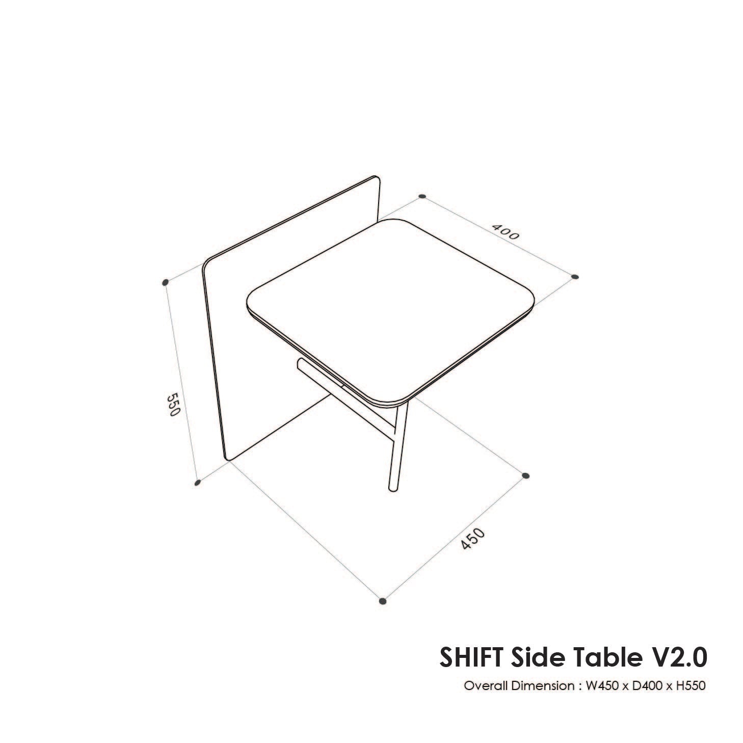 Technical drawing of a Shift Side Table V2.0 with dimensions on a white background