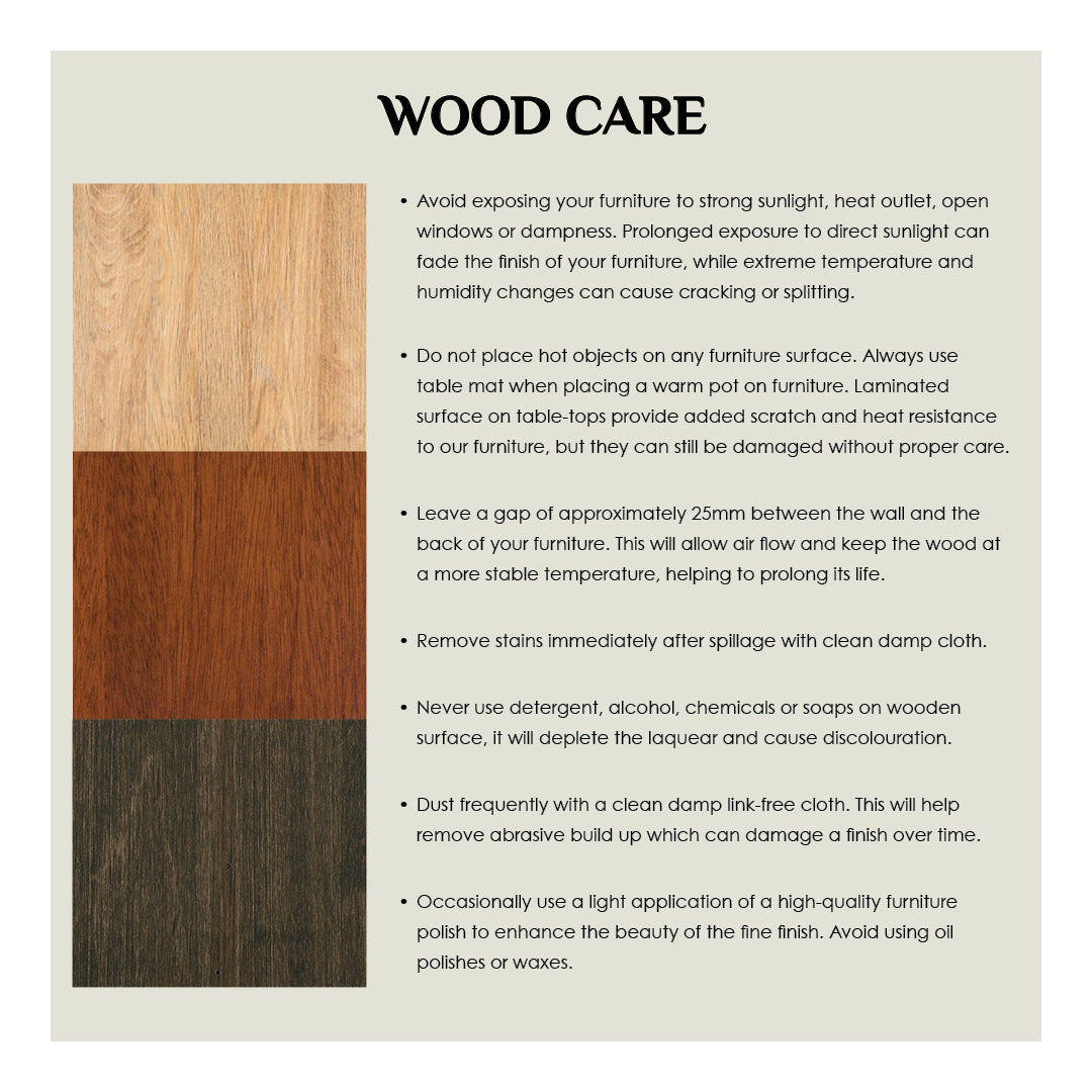 A wooden furniture care guide poster with a vertical wood grain sample on the left and a list of wood care instructions on the right, set against a light beige background.