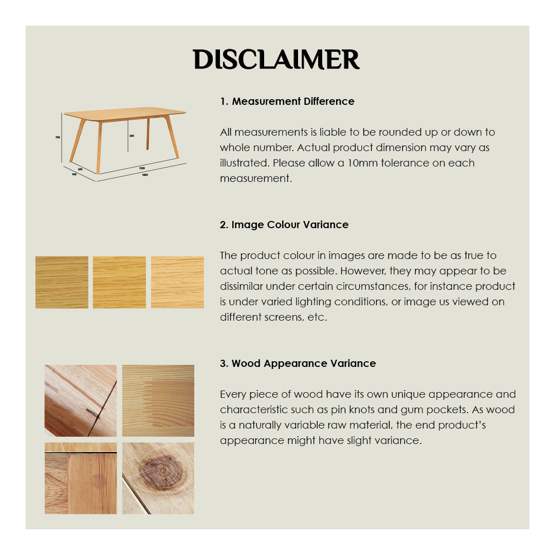 A product information graphic with the heading 'DISCLAIMER' on a light beige background. It includes a small line drawing of a table with measurement arrows, three wood finish swatches, and three wood grain close-ups, plus text explaining measurement tolerance, image color variance, and natural wood appearance variation.
